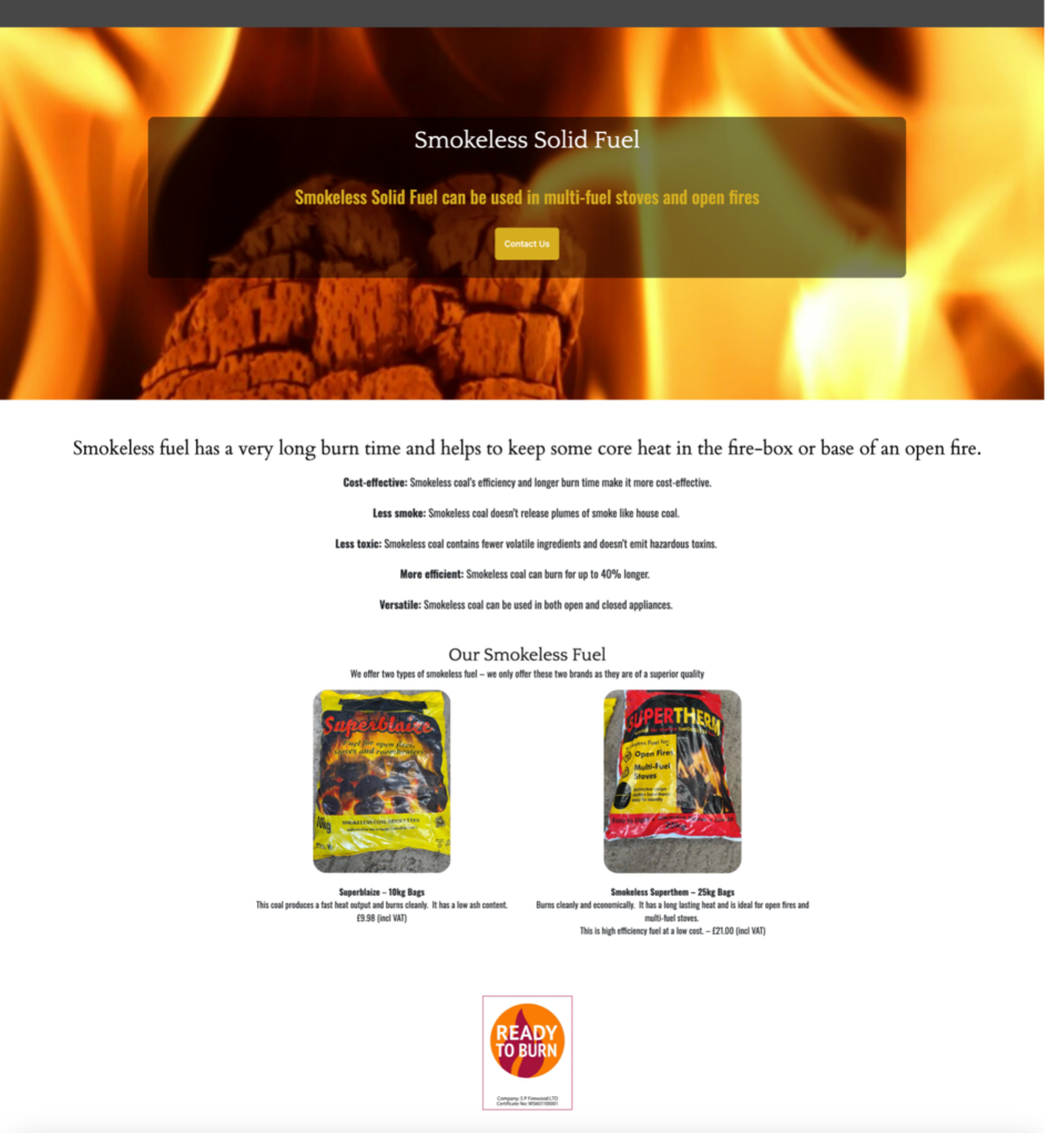website page showing smokeless fuel website